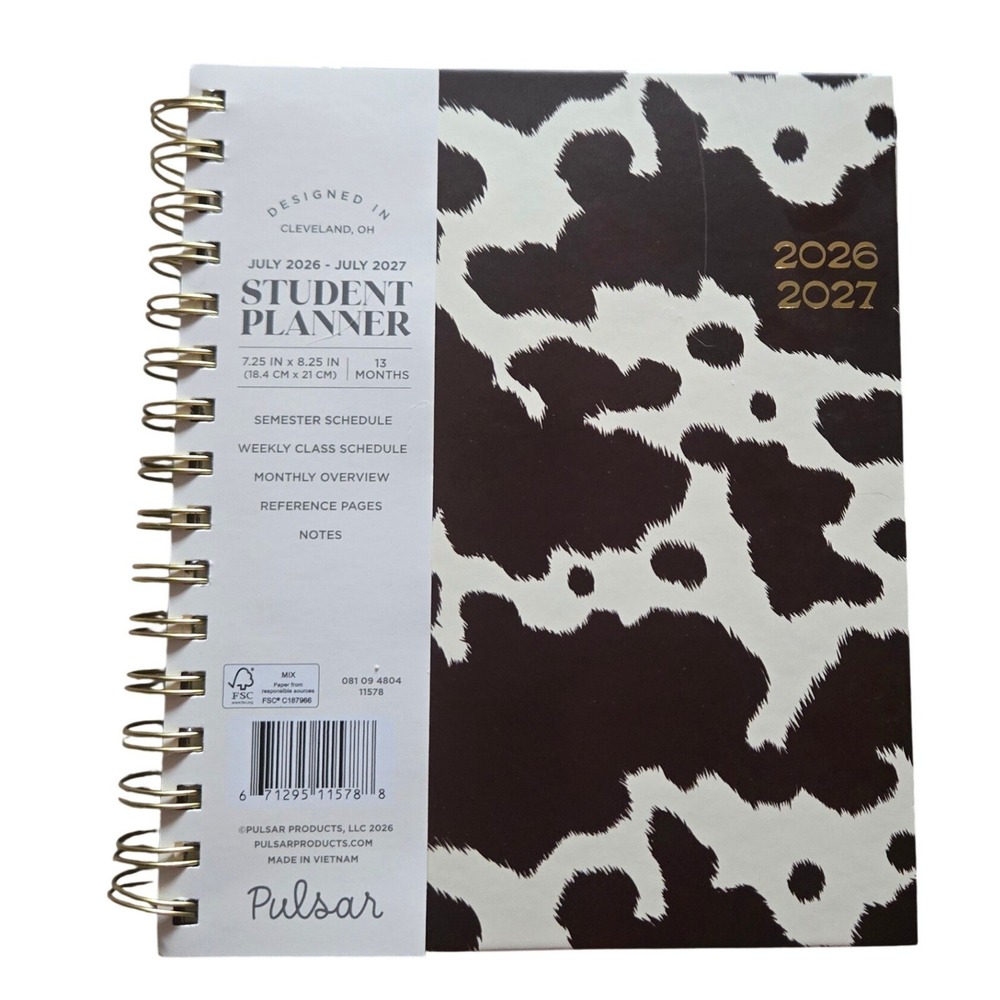 Pulsar Student Planner Unisex 7.25x8.25 Black White New Cow Print 2026-2027 July